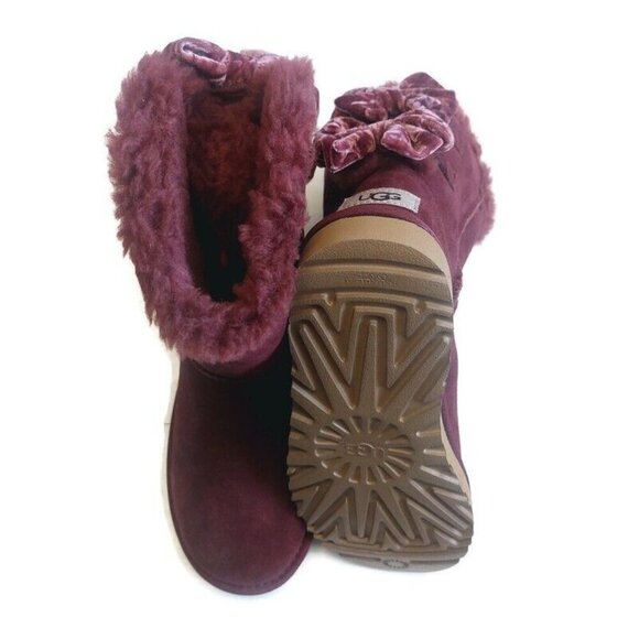 UGG Bailey Bow Crushed Velvet Suede Boots Womens Size 6 Wine Grape 1138171 - Picture 8 of 11